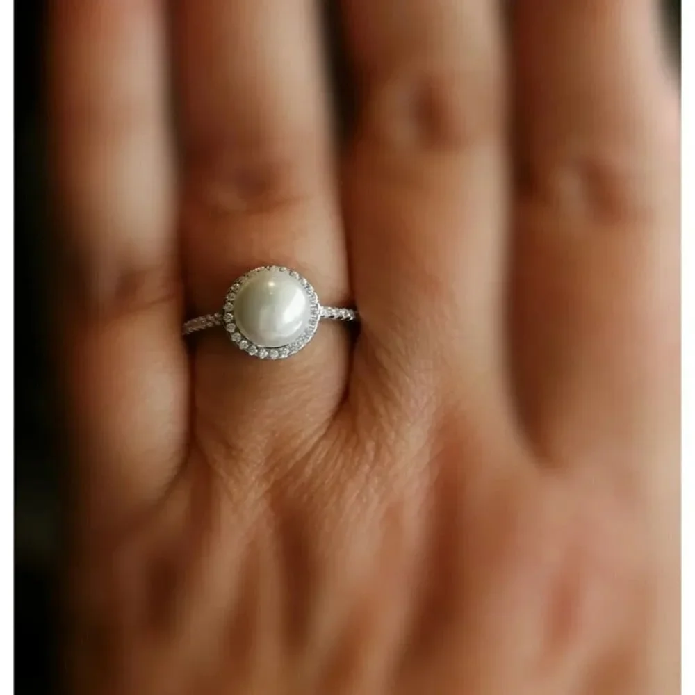 White pearl ring cz halo ring size 7 NEW